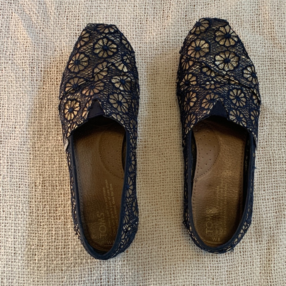 Gold glitter and navy crochet Toms